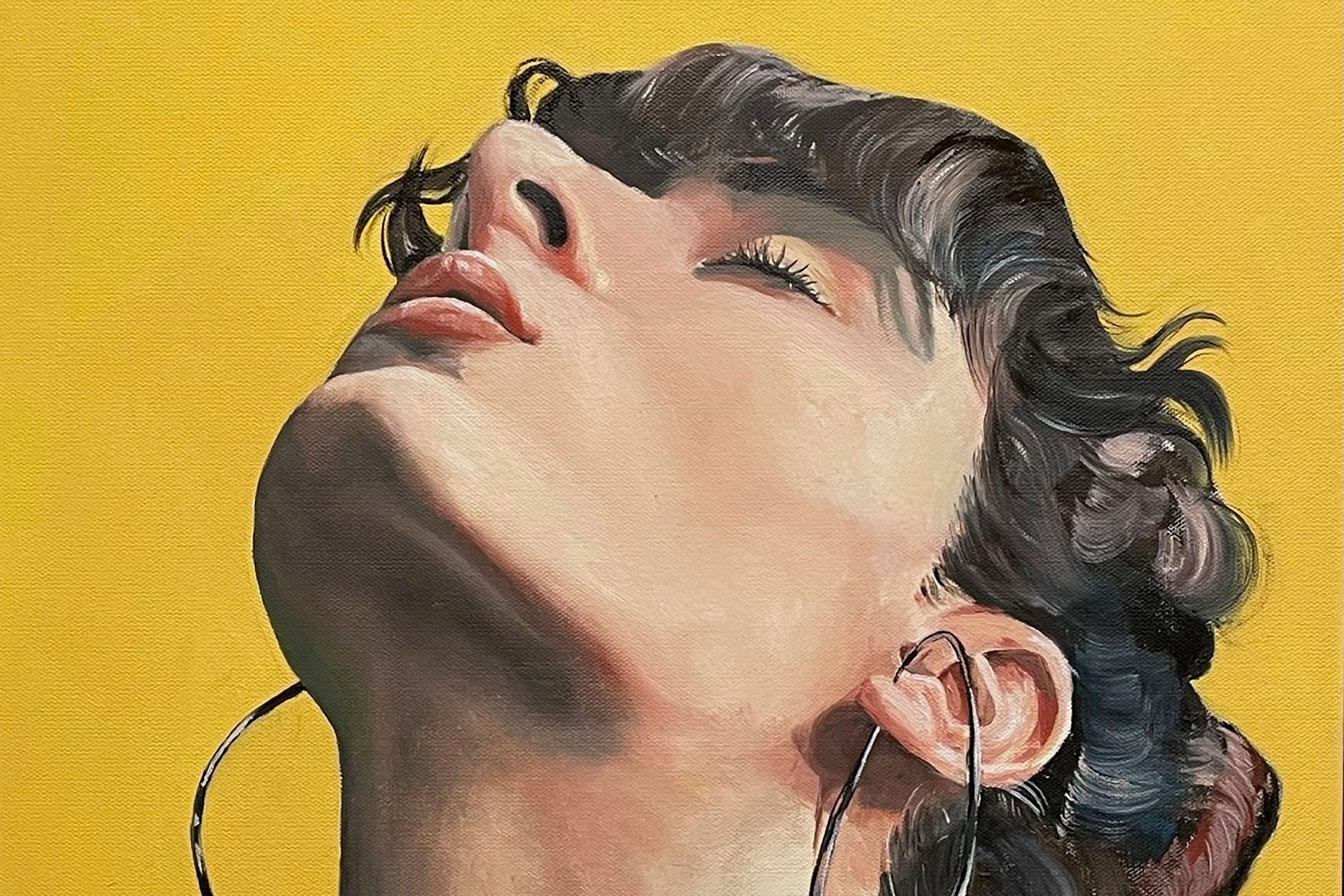 Artistic depiction of a woman's profile with hoop earrings on a yellow background